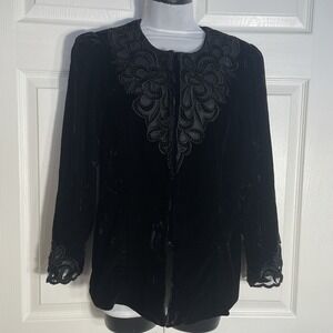 Vintage LINDA Velvet Shirt Women M Black Beaded Long Sleeve Embroidered Goth Top